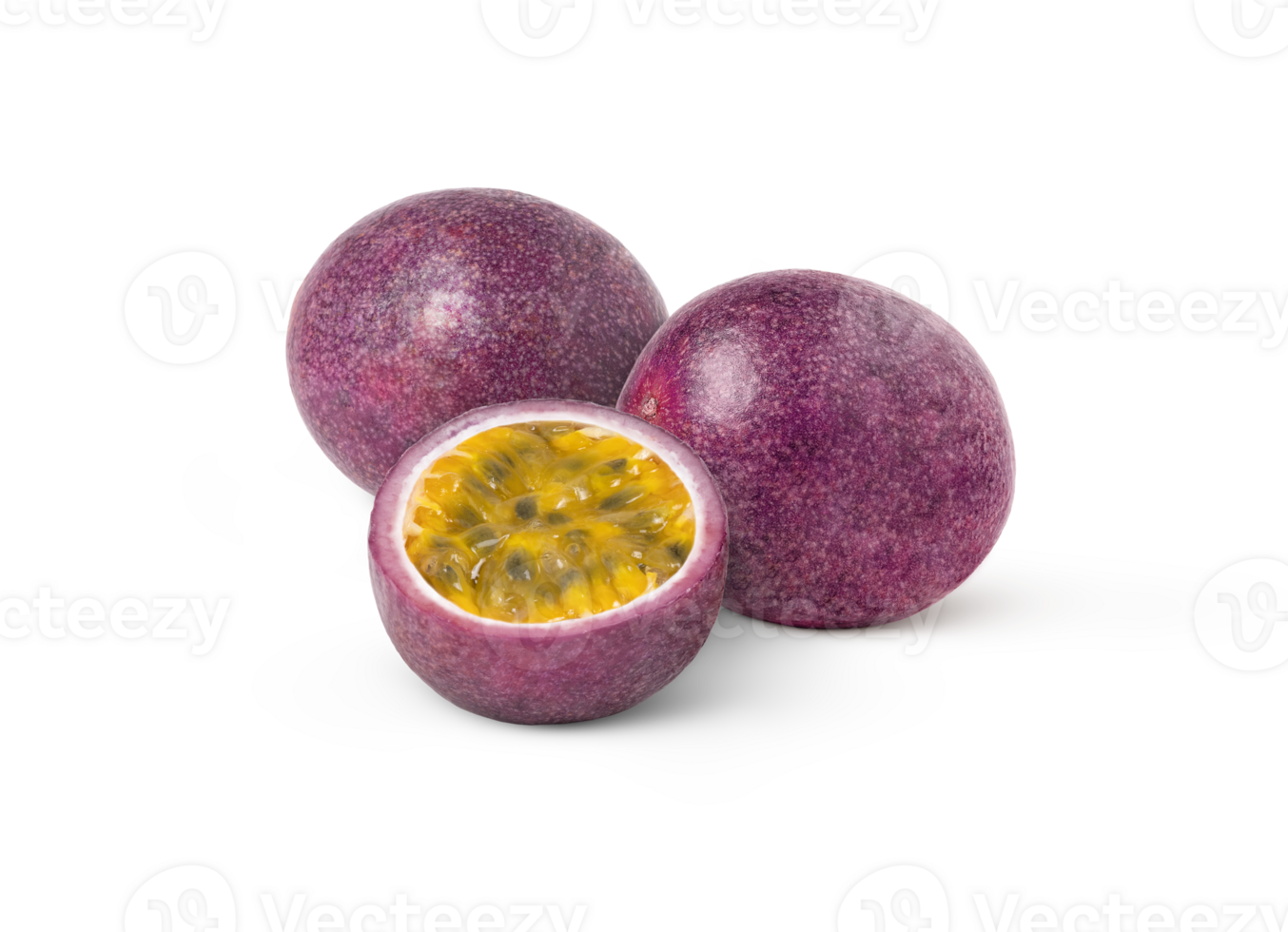 Passion fruit and a half isolated. Maracuya fruits and a cut in half with shadows png