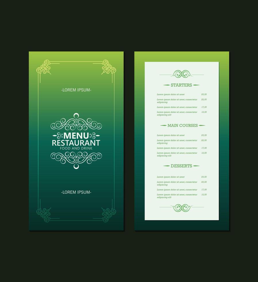 green and white classic restaurant menu with texture pattern elements vector