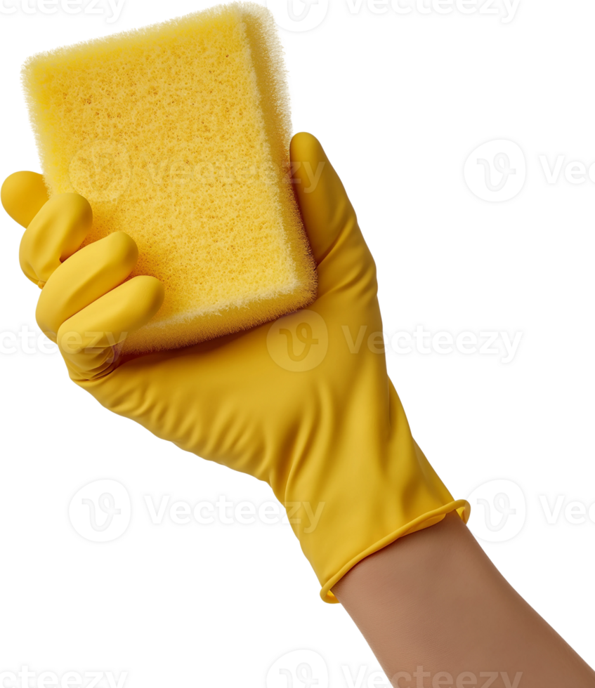A person wearing yellow gloves holding a sponge png