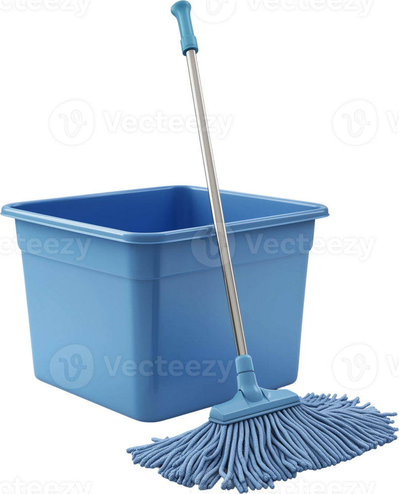 A blue bucket with a mop and a mop handle png