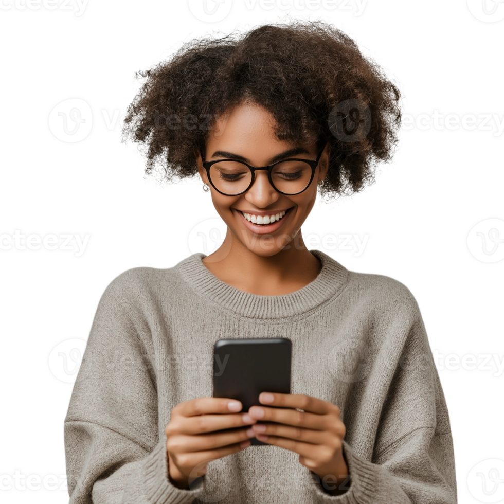 A woman in glasses is smiling while using her phone png
