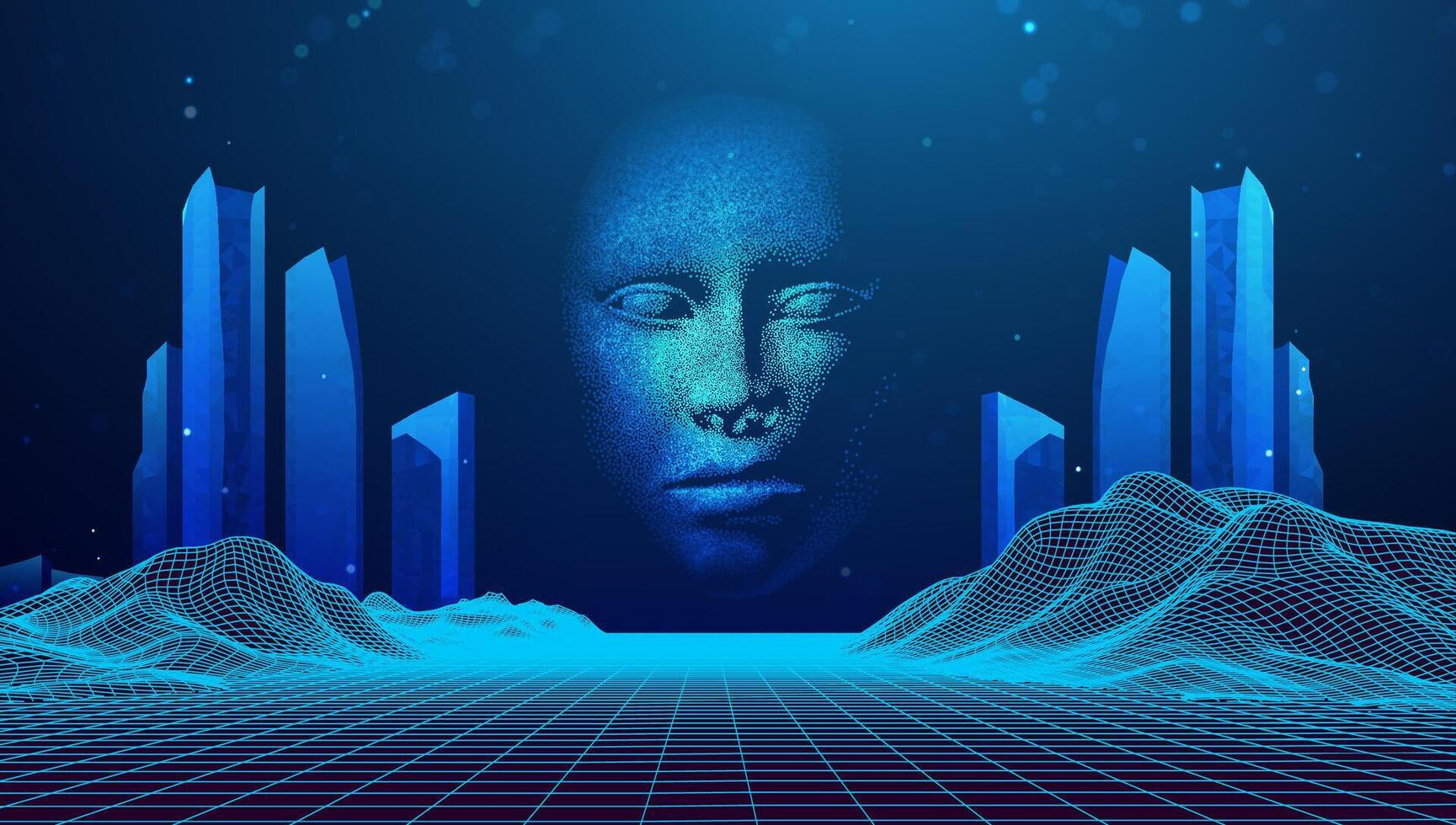 Future smart city tech background. AI Business building skyline technology concept. Futuristic 5g data network 3d blue light woman robot face virtual hologram. Neon digital architecture. vector