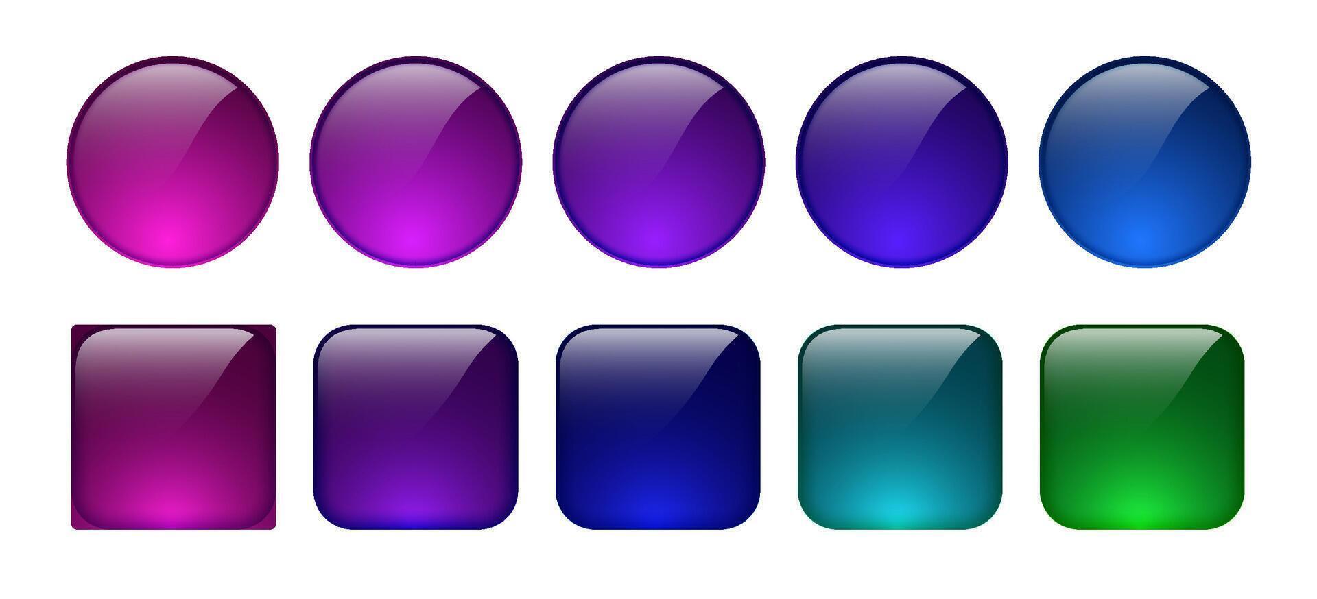 Set of glossy gradient buttons in round and square shapes featuring purple, blue, teal, and green colors with modern glassmorphism style, ideal for UI design, app interfaces, icons, and web components vector