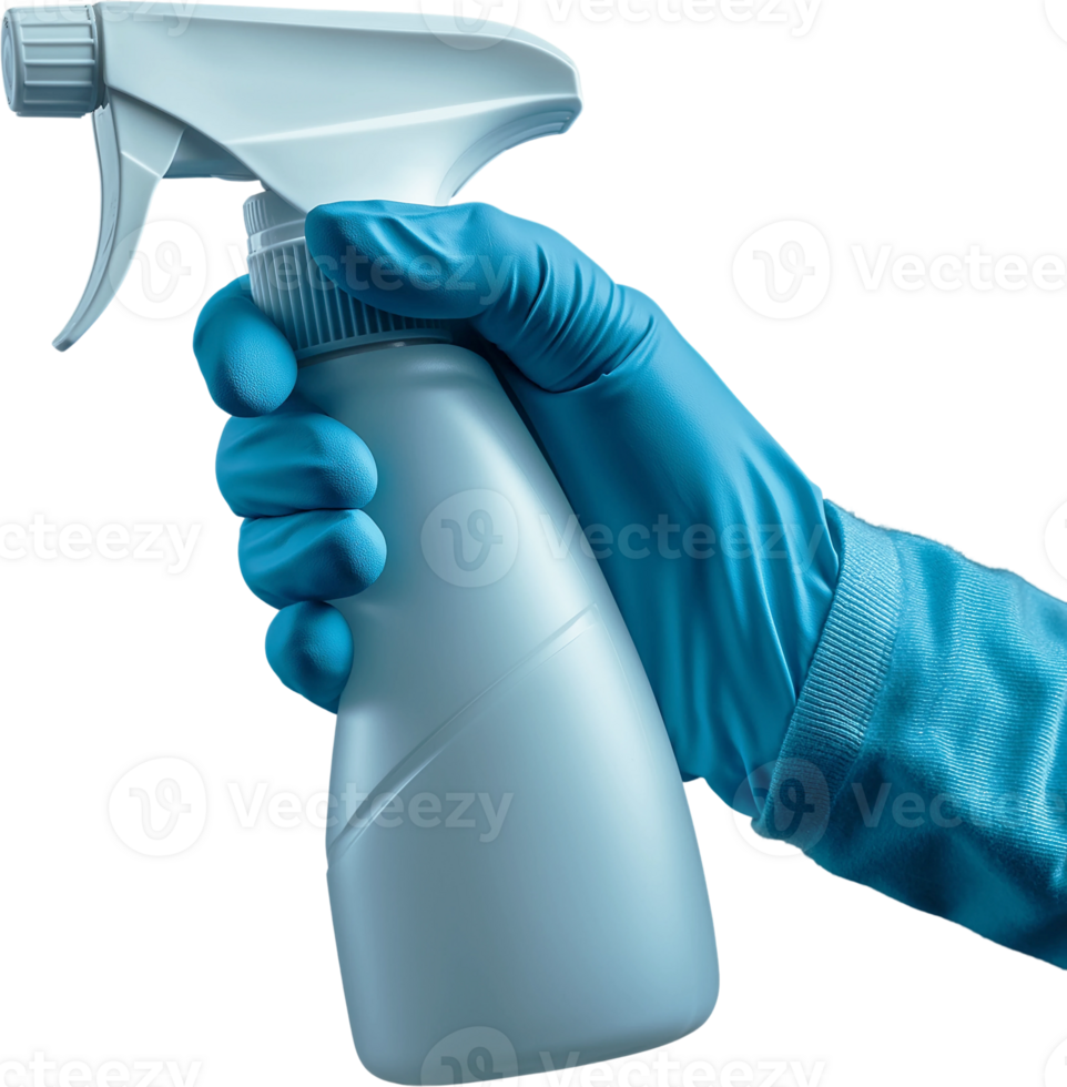 A person in blue gloves holding a spray bottle png