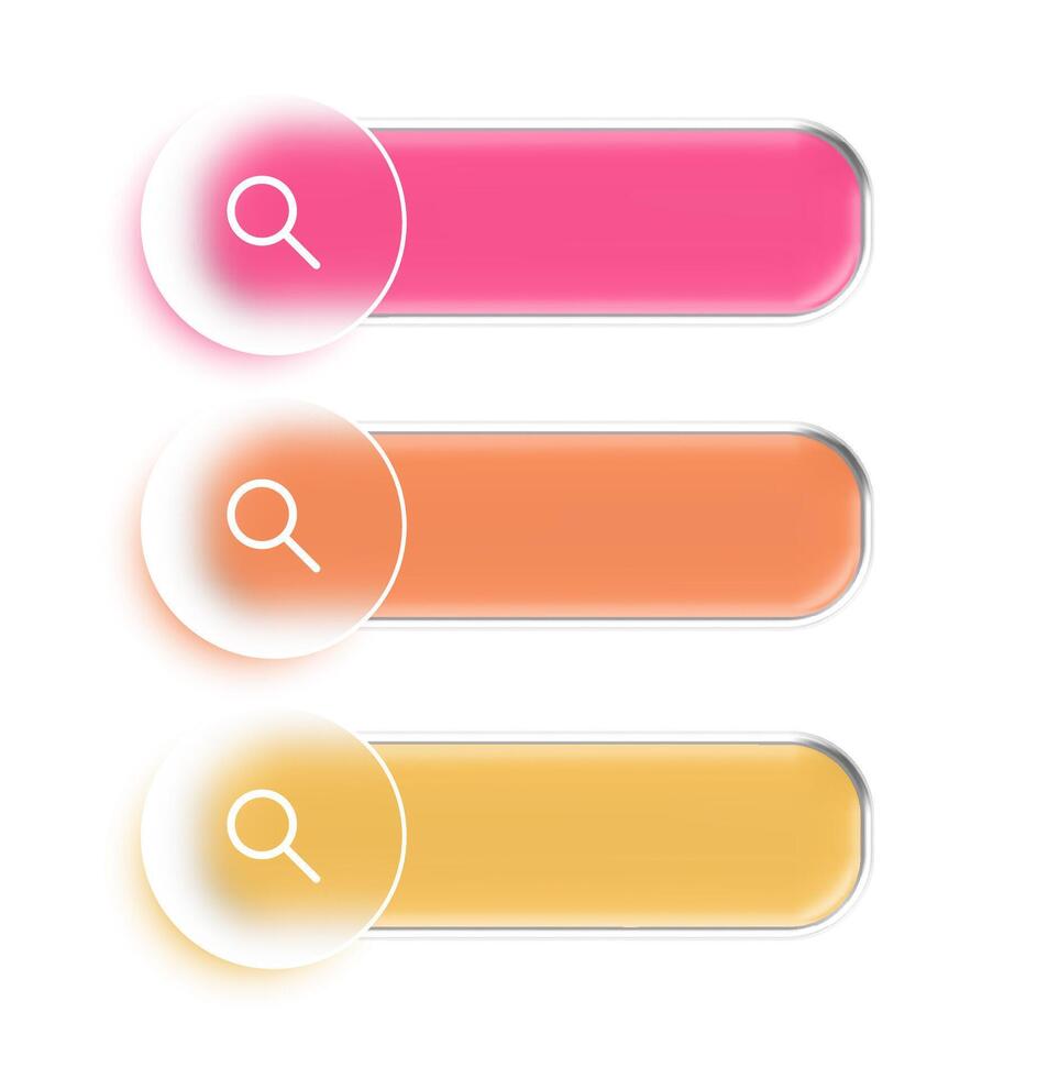 Glass morphism search bar button set with magnifying glass icon. Web page pink, orange, yellow neon gradient design. Text input transparent website browser address line. Computer empty find in www. vector