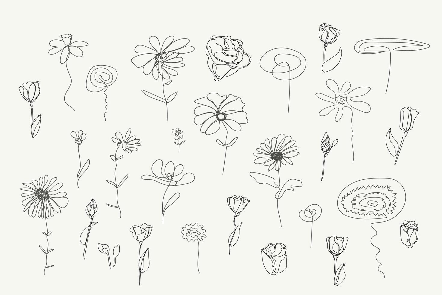 Collection of hand drawn outline garden flowers. One line art design. Beautiful blooming elegant set of drawing floral elements isolated on gray background vector