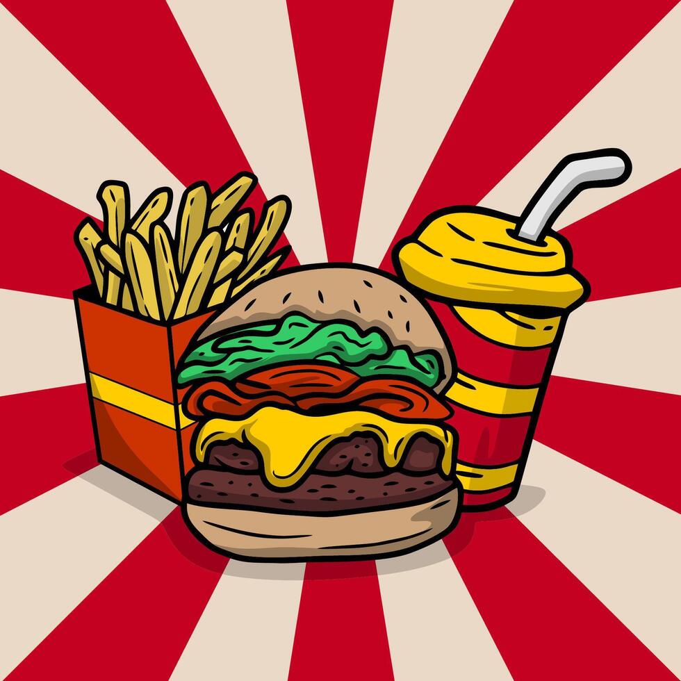 hamburger and fries hand drawn vector