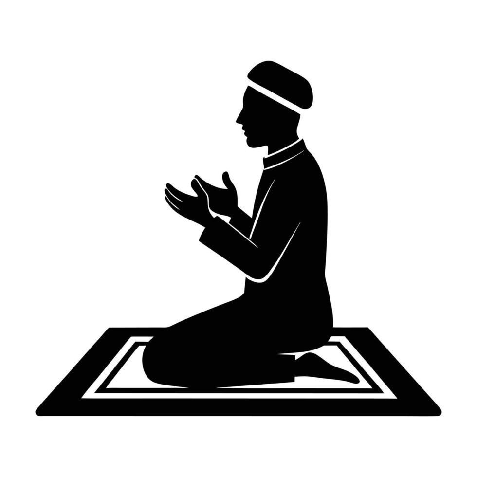 Islamic man praying on the floor, black silhouette vector
