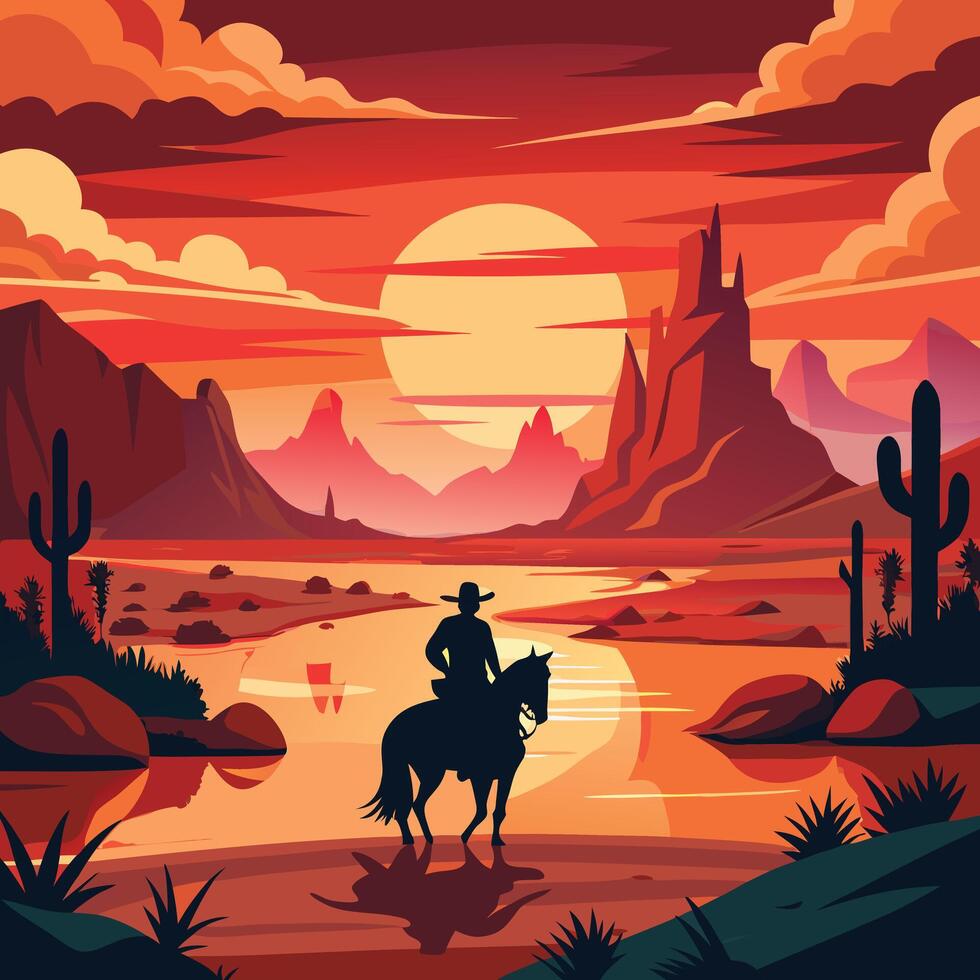 cowboy on horseback in desert at sunset vector