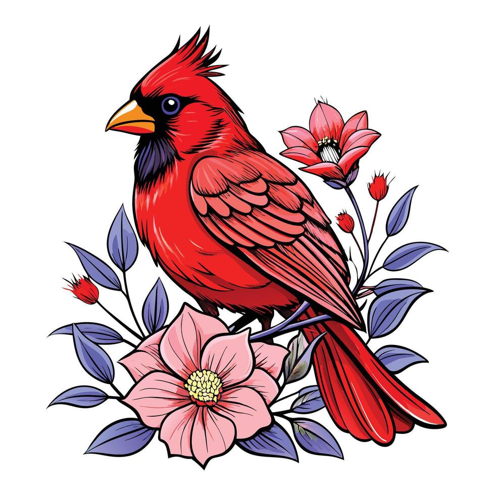 a red cardinal bird with flowers on a white background vector