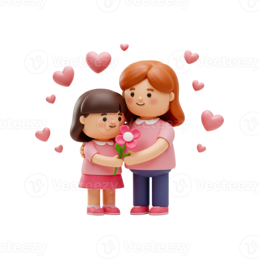 Charming illustration of a mother and daughter hugging, a symbol of love isolated background png