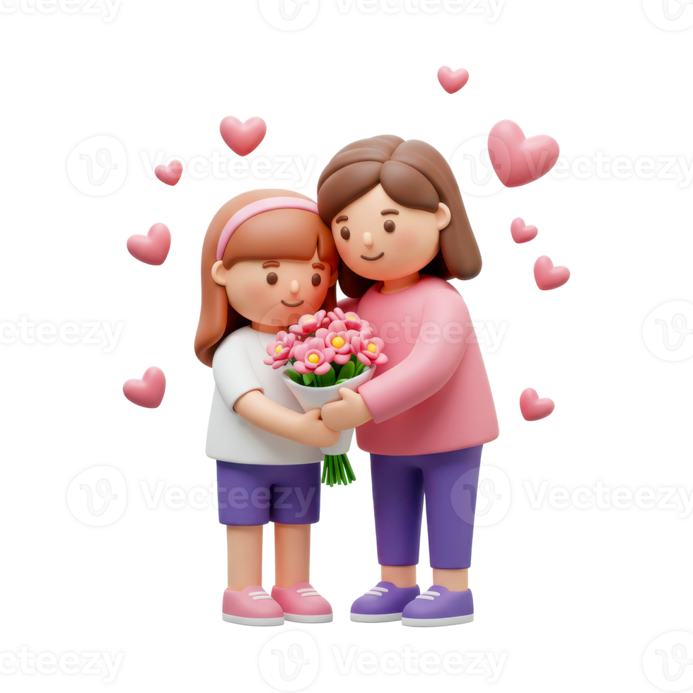 A sweet Mother's Day scene depicted with cartoon-style figures and soft colors isolated background png