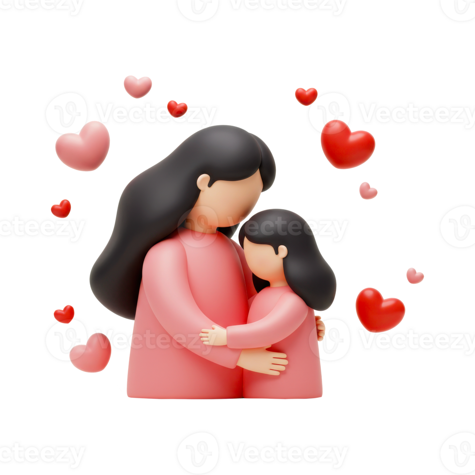 Sweet Mother's Day scene with cartoon figures and floating pink and red hearts png