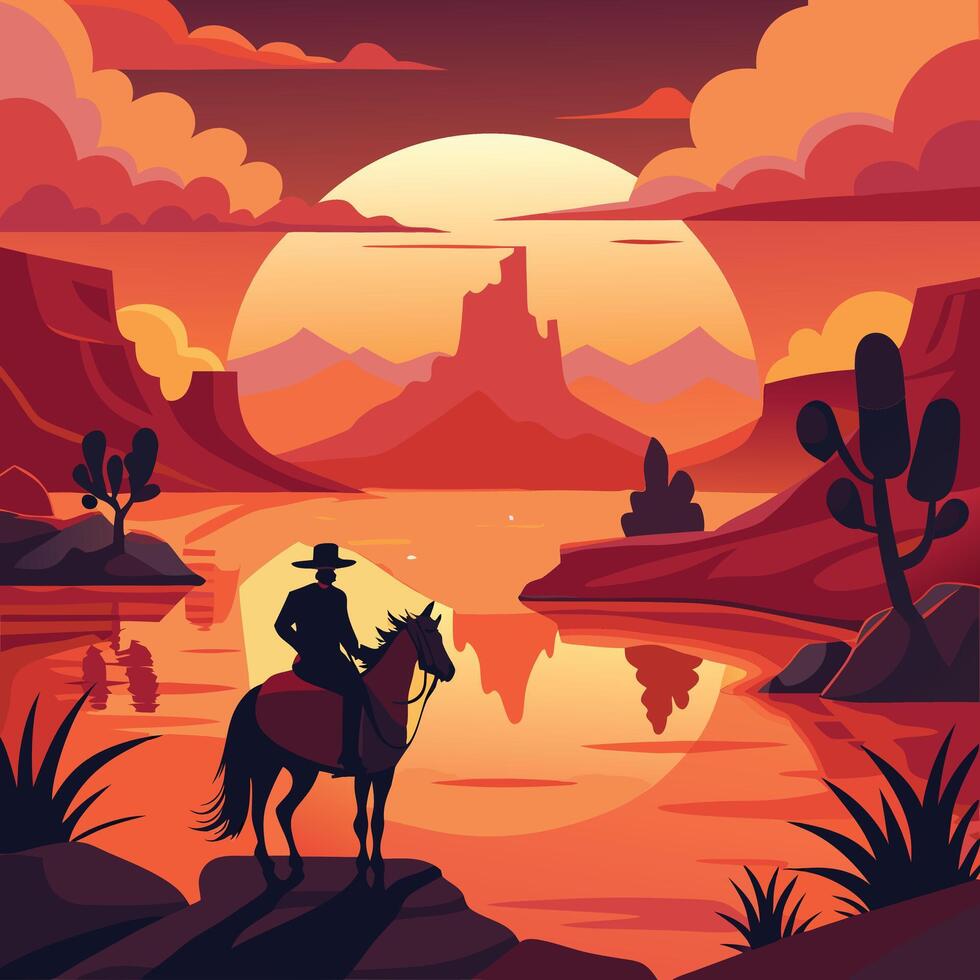 a cowboy riding a horse in the desert at sunset vector