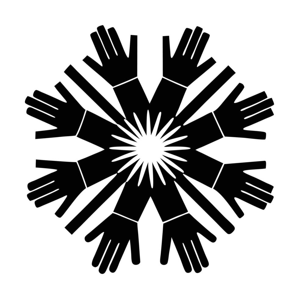 a black and white snowflake with hands in the center vector