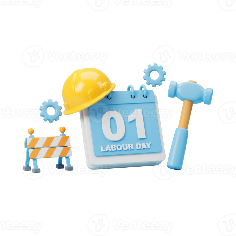 3D cartoon Labour Day scene calendar with 01, tools, and barrier png