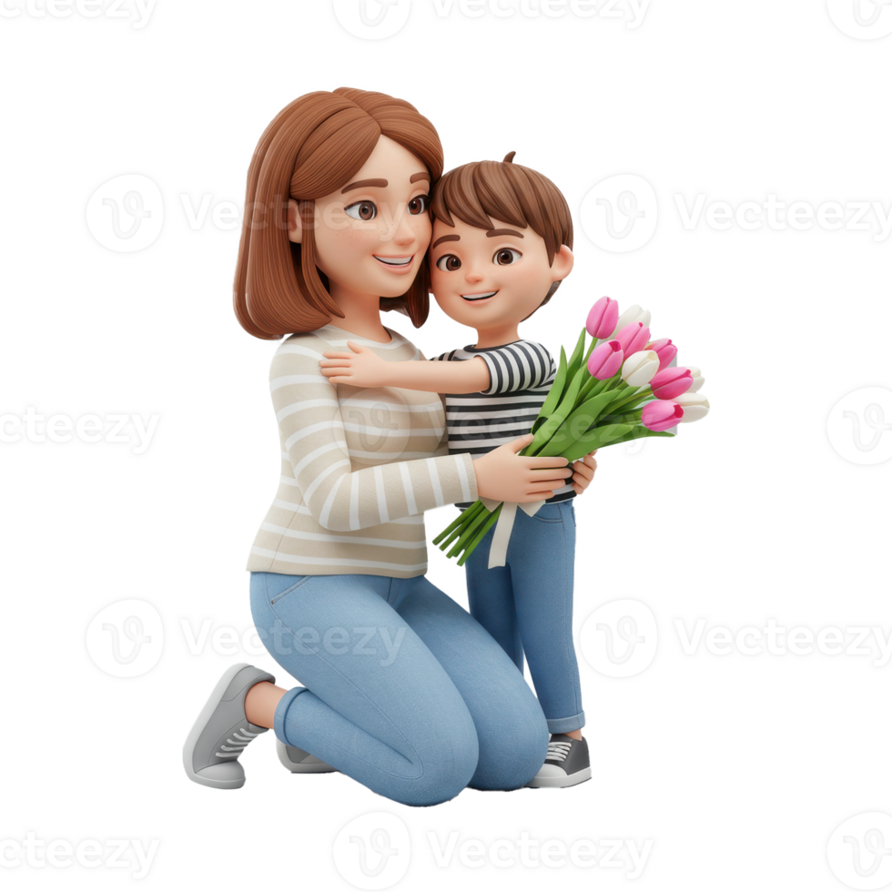 3D cartoon mother kneeling, hugging son with tulips png