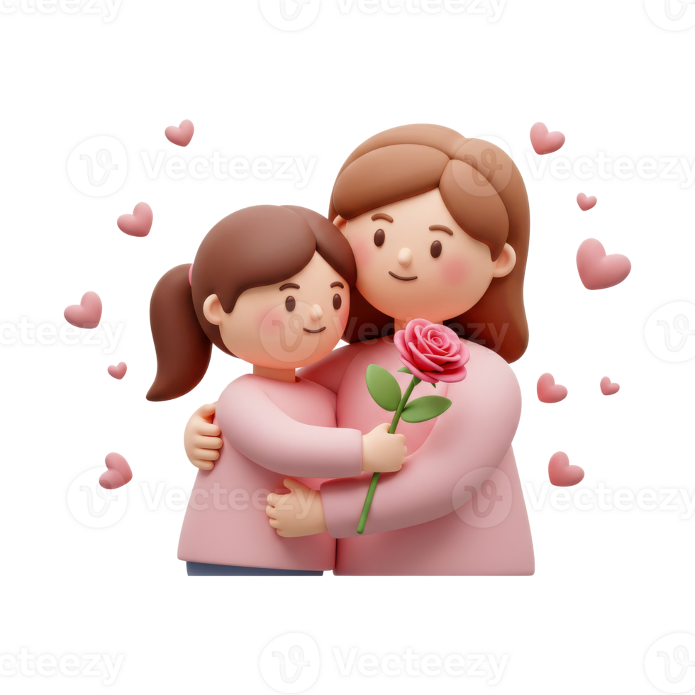 The daughter presents her mother with a red rose, surrounded by floating hearts isolated background png
