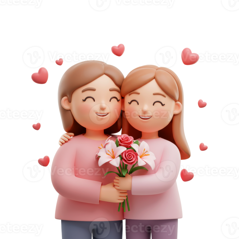 A tender moment of affection between a child and her parent, holding a flower isolated background png