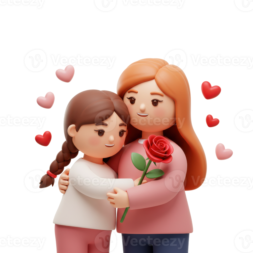 A heartwarming 3D rendering of a loving embrace between a mother and daughter isolated background png