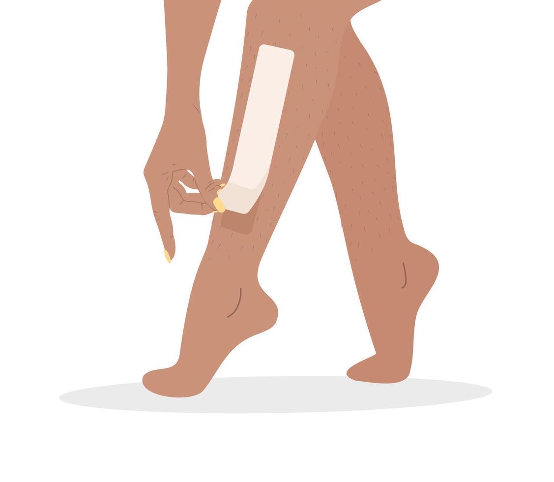Hair removal. Wax strips epilation. Perfect smooth female legs. illustration in flat cartoon style. Skin care concept vector