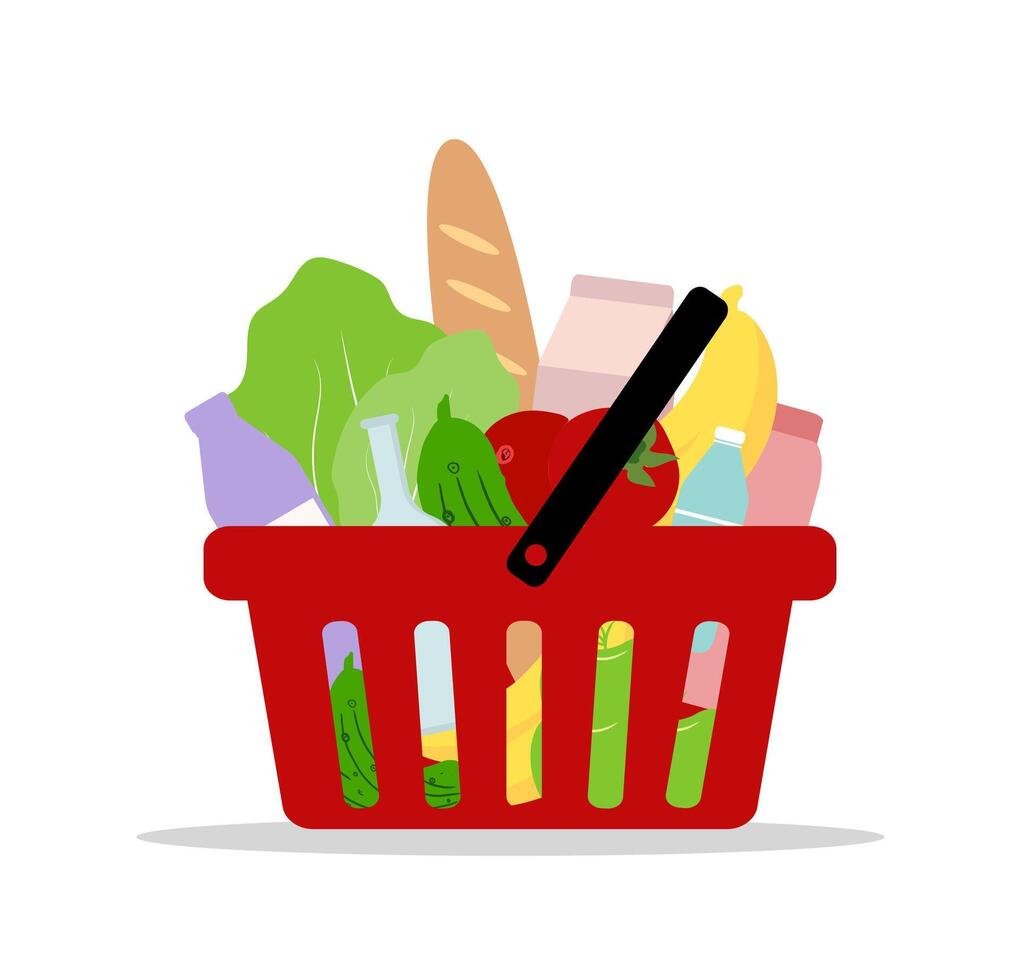 Shopping cart. Set of food products inside of red basket. Grocery delivery. Modern illustration in flat style vector