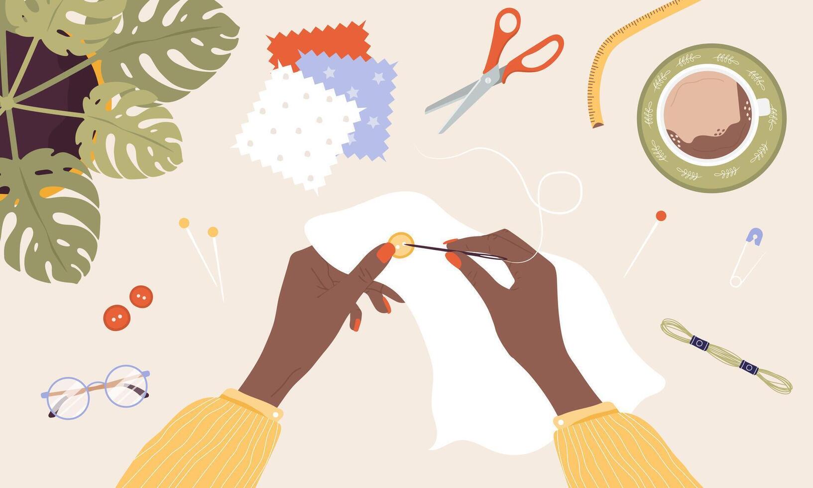 African female hands sew button. Woman create outfit. Top view. Needlework and hobbies. Handmade clothes. Fashion designer or dressmaker. illustration in flat cartoon style vector