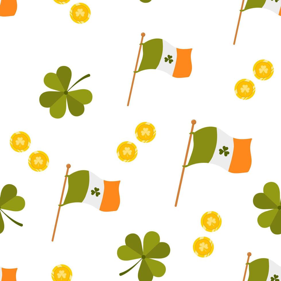 St. Patrick day seamless pattern with flag. Cute festive background for irish holiday. illustration in flat cartoon style. Perfect for fabric, package paper, wallpaper, greeting cards vector