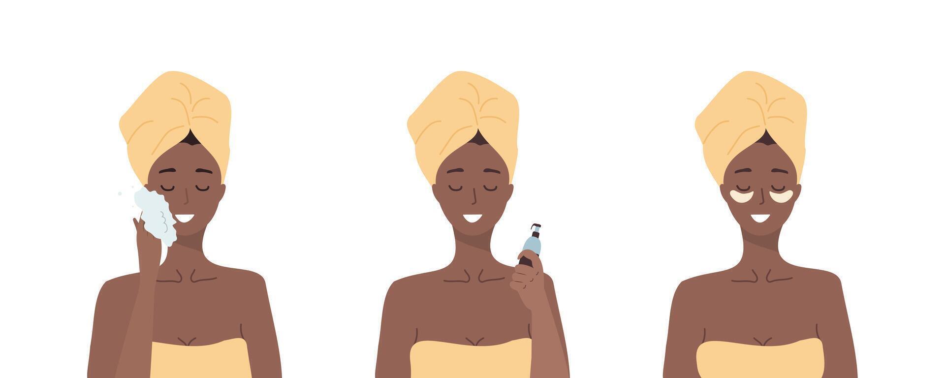 Skin care concept. African woman do cosmetic spa procedures for face. Morning routine. Bath time. Eye patches and cream. Organic products. illustration in flat cartoon style vector