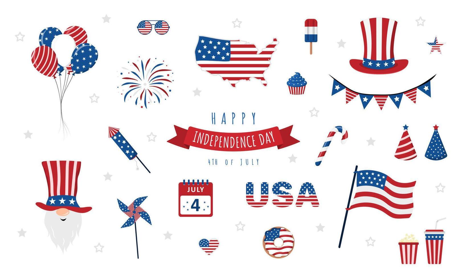 Set of icons for Independence Day of USA. Costumes and traditional elements for 4th of July celebration. National Freedom Day. illustration in cartoon style vector