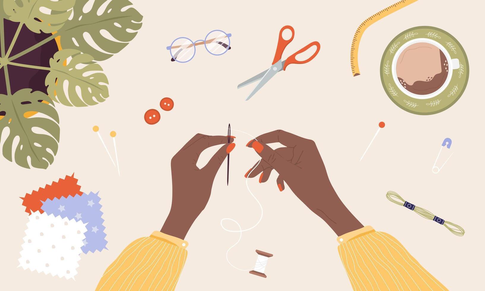 African female hands insert thread into needle. Woman create outfit. Top view. Needlework and hobbies. Handmade clothes. Fashion designer or dressmaker. illustration in flat cartoon style vector