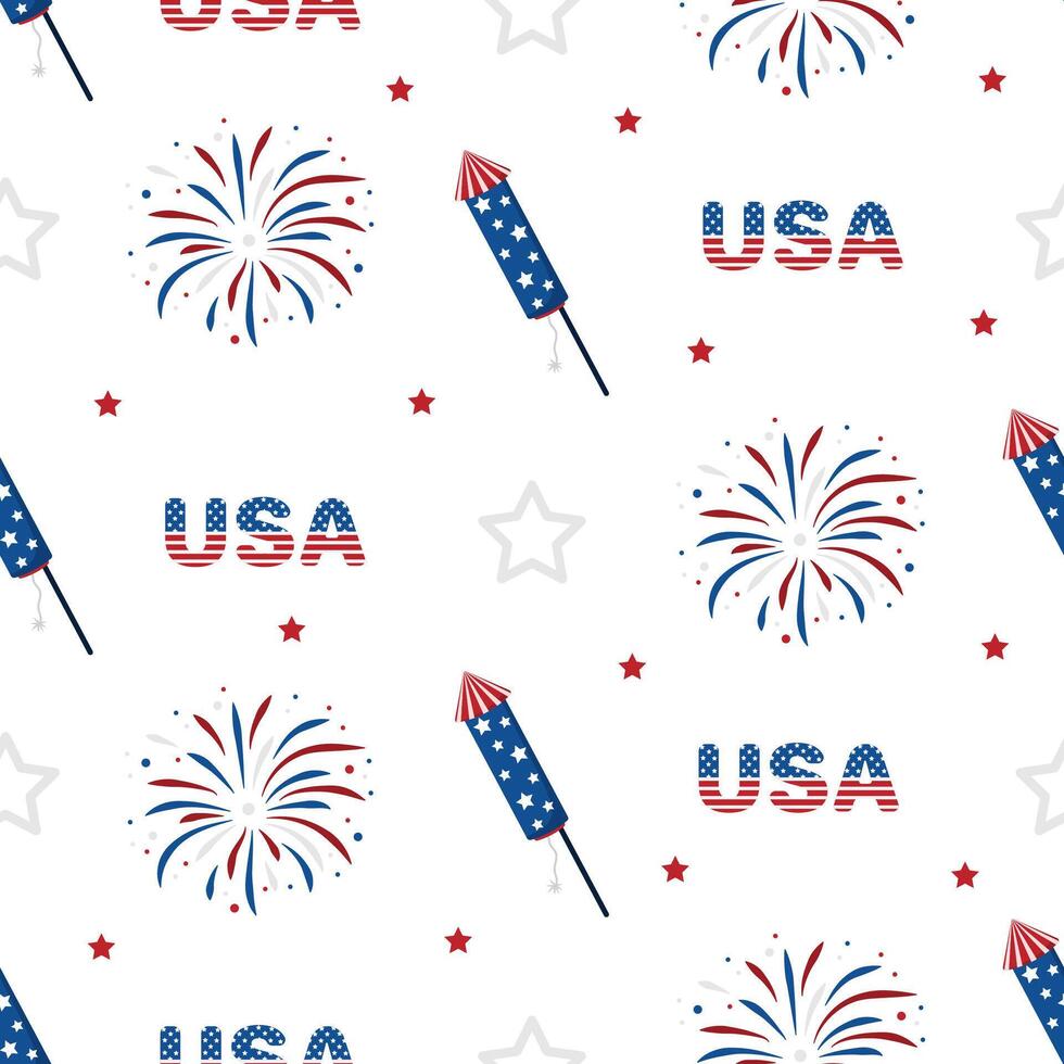 Independence Day of USA. Seamless pattern with fireworks. Holiday background for 4th of July celebration. National Freedom Day. illustration in flat cartoon style vector