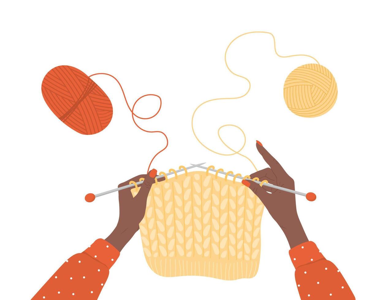 Knitting process. Balls of yarn. African female hands with needles and thread. Top view of the workplace. Tailor shop elements. Hand drawn illustration in flat cartoon style vector