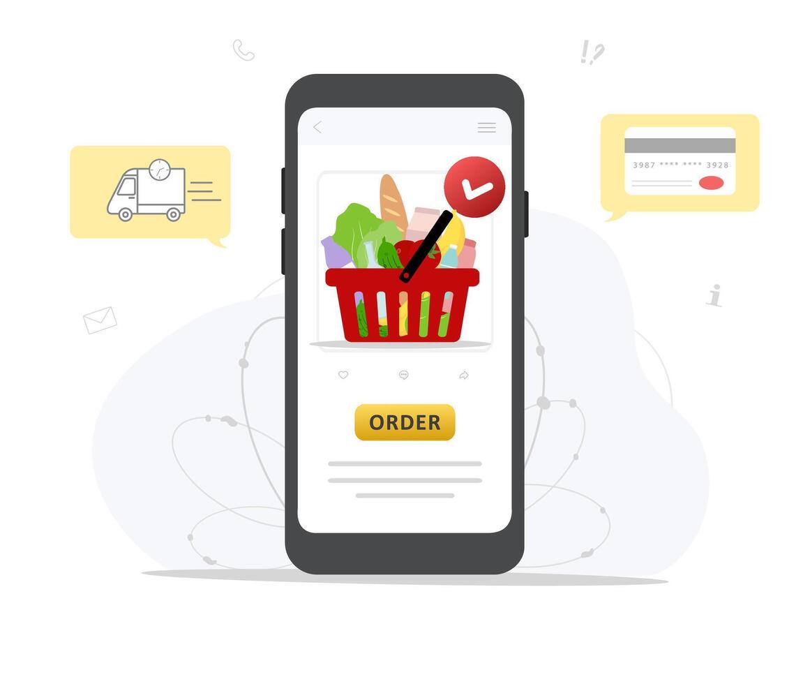 Online food order. Grocery delivery. The product catalog on the web browser page. Shopping boxes. Stay at home. Quarantine or self-isolation. Modern illustration. vector