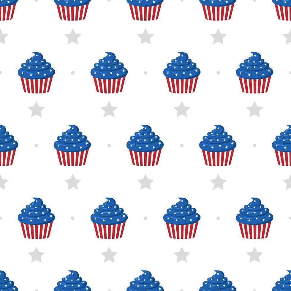Independence Day of USA. Seamless pattern with cupcakes. Holiday background for 4th of July celebration. National Freedom Day. illustration in flat cartoon style vector