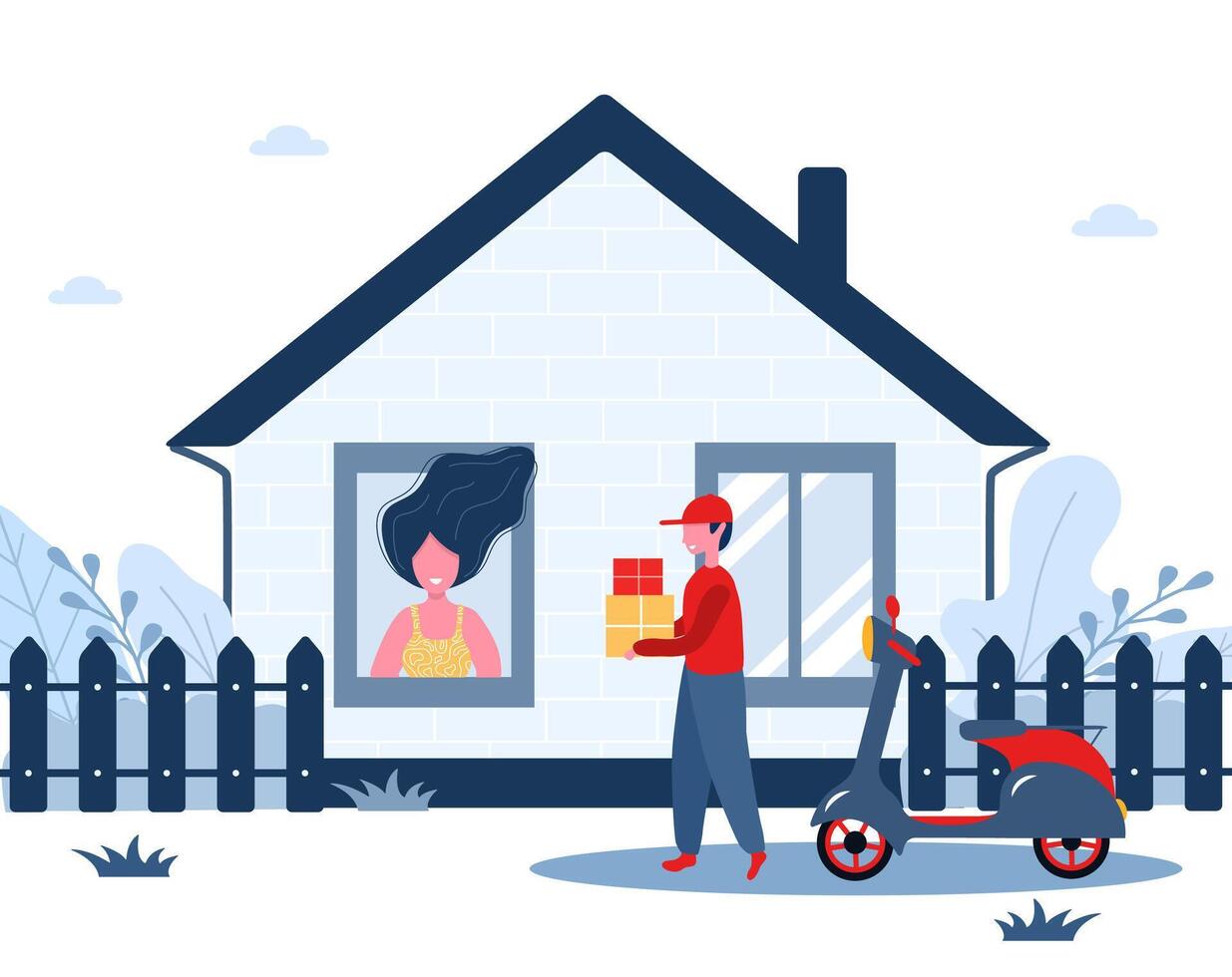 Online delivery service concept home and office. Courier brought package home. Contactless delivery. Shipping restaurant food and mail. Modern illustration in flat cartoon style. vector