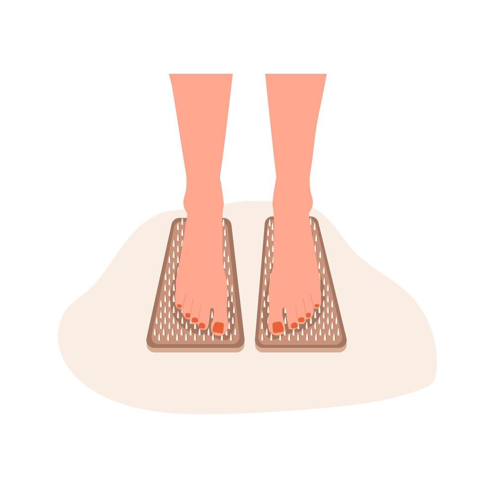 Sadhu board. Female feet stand on nails. Alternative medicine. Wooden board for yoga practice. Meditation and relaxation. illustration in flat cartoon style vector