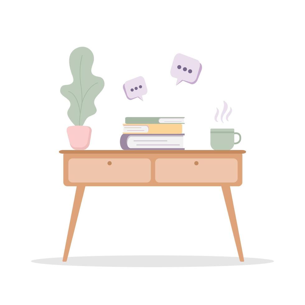 Interior of cozy room with table and books on it. Comfy furniture in modern Scandinavian hygge style. illustration in flat cartoon style vector