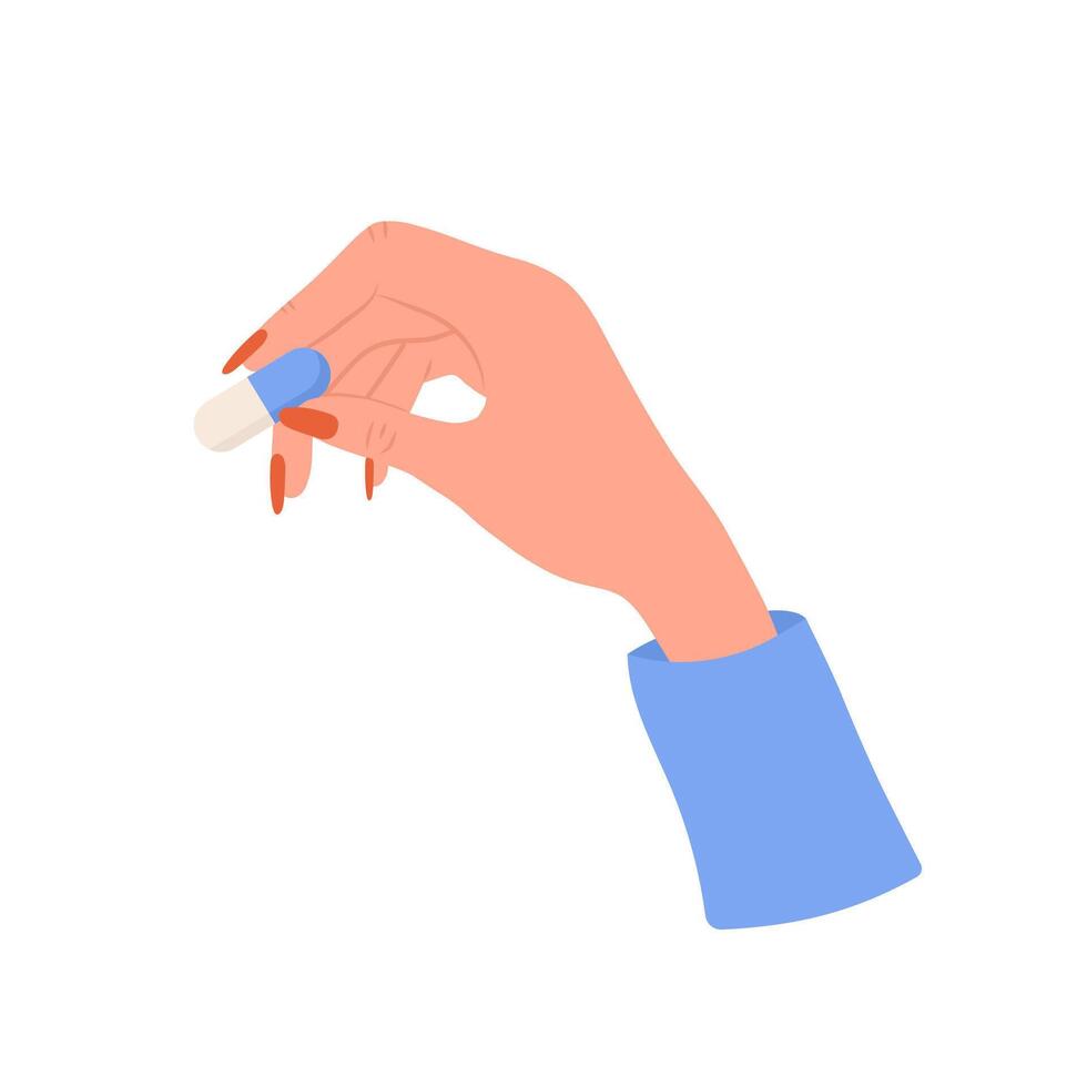 Female hand holding pills. Healthcare and medicine concept. Woman drinks vitamin and minerals. illustration in flat style. Medication and pharmaceutical drug vector