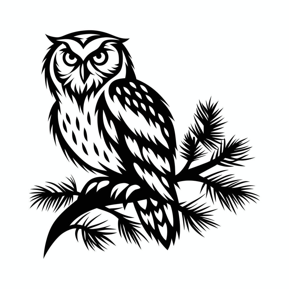 an owl sitting on a branch with pine needles vector