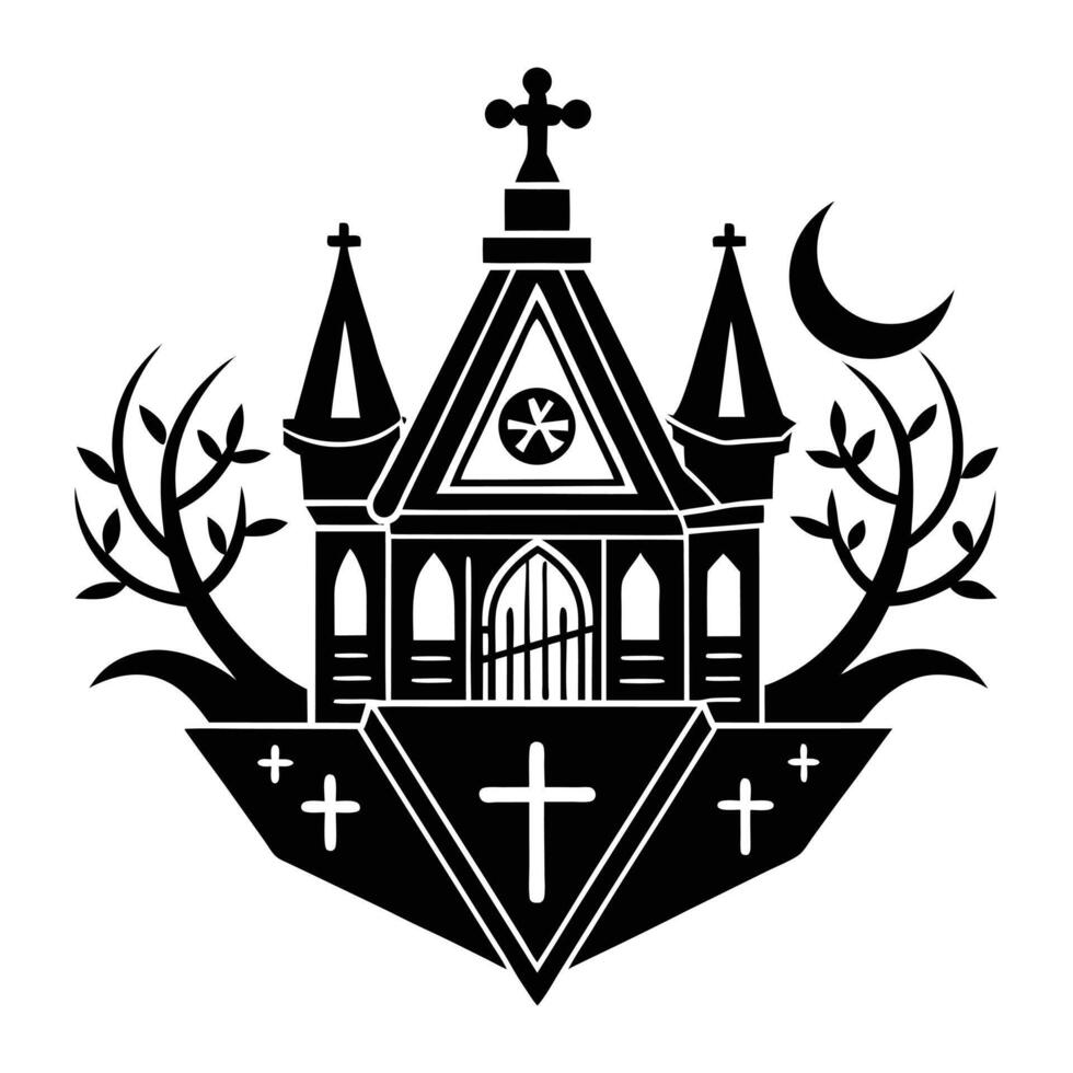 gothic church with cross and moon illustration vector