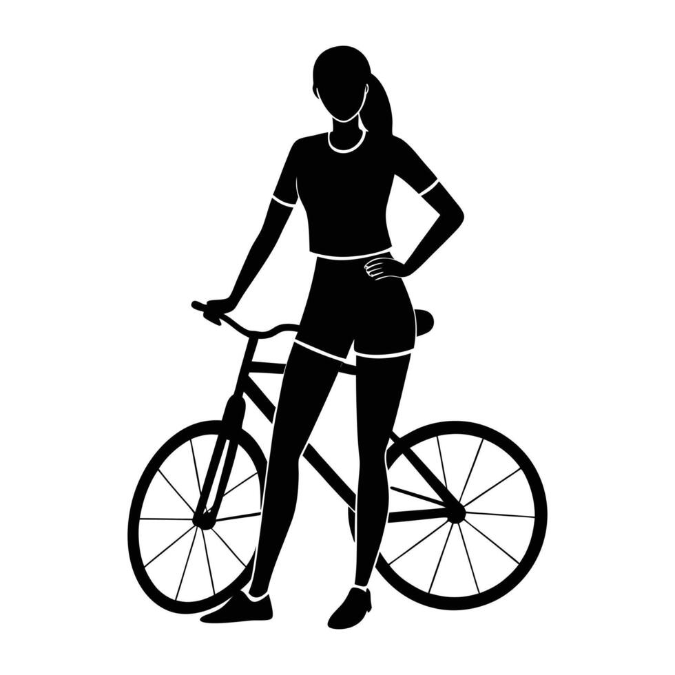 silhouette of a woman with a bicycle on a white background vector