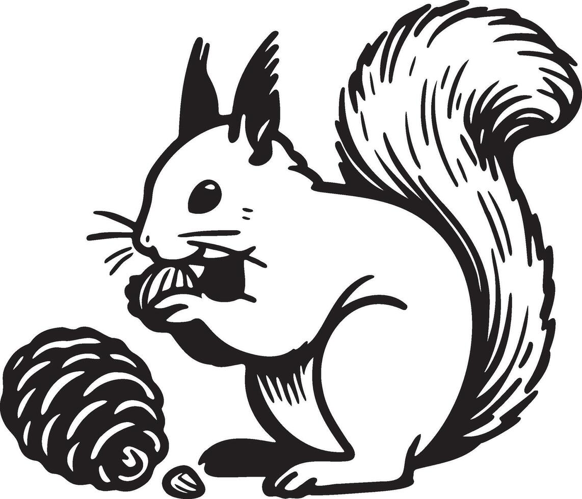 Squirrel Gnawing Pinecone Hand Drawn Sketch. vector