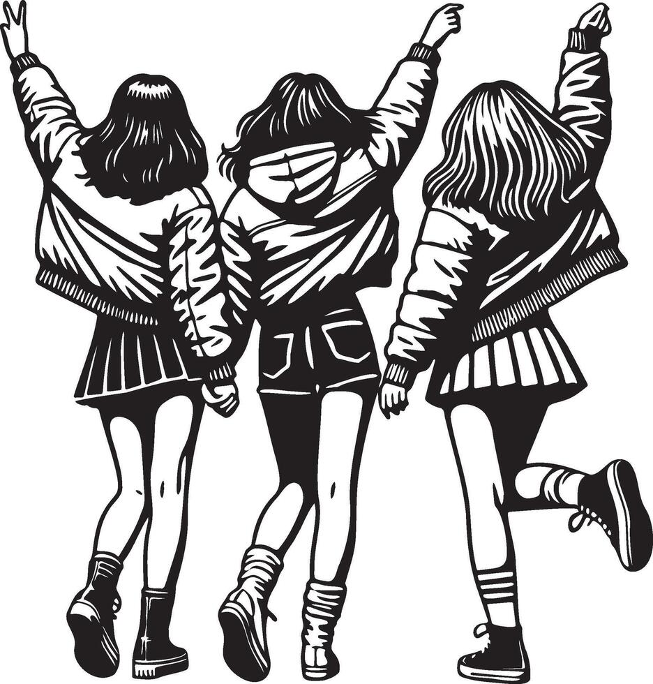 Three Girl Friends Back View Sketch Drawing. vector