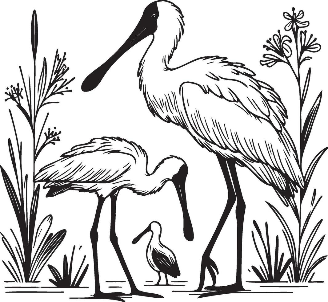 Black-Faced Spoonbills in Field Illustration. vector