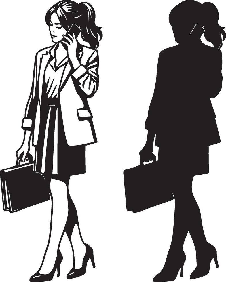 Business Women Walking and Talking on Phone Illustration and Silhouette. vector