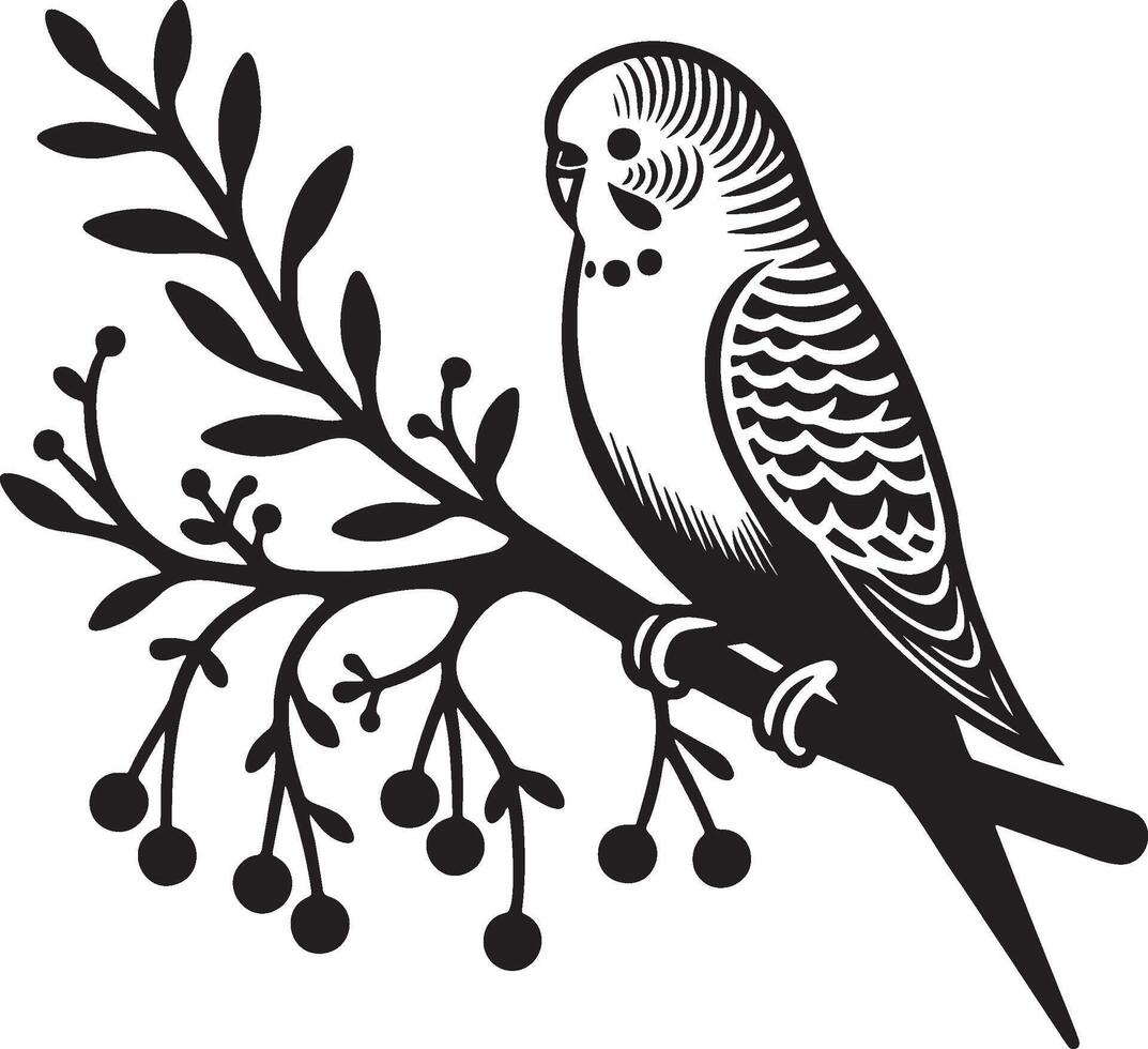 Budgie Pet Standing on Branch. vector