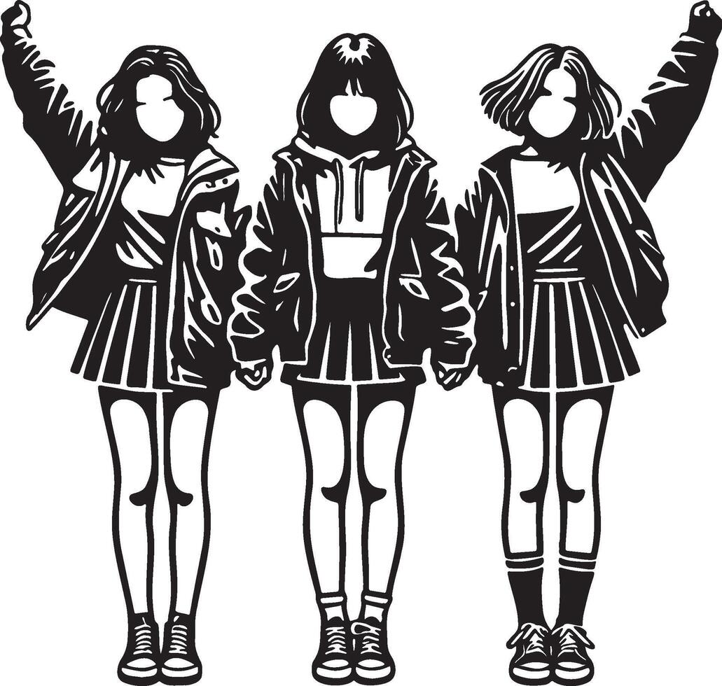 Three Girl Friends Sketch Drawing. vector