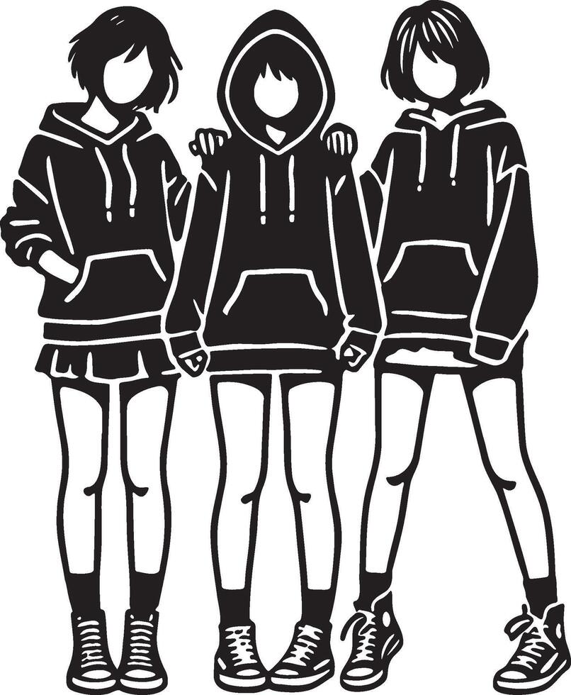 Three Girl Friends Sketch. vector