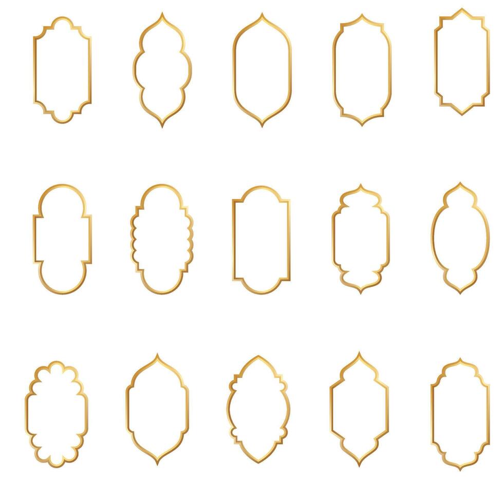 A new Set of golden Arabic windows and arch. Oriental style Islamic windows and arches. Islamic window shape. Arabic door frame. Islamic architecture elements of window doo vector